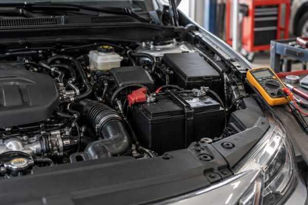 Motor bölümünde kontrol edilen otomobil aküsü