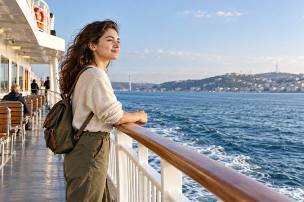 Feribot güvertesinde güvenli yolculuk yapan gezgin