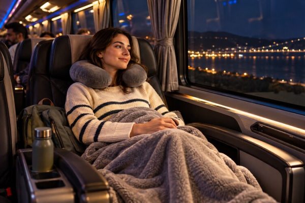 Gece otobüs yolculuğunda rahat oturan yolcu