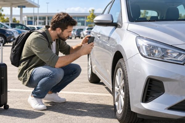 Kiralık aracı teslim alırken kontrol eden sürücü