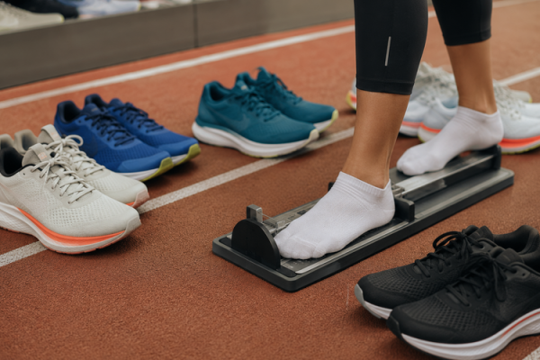 Atletizm pistinde farklı koşu ayakkabıları ve ayak ölçüm aparatı