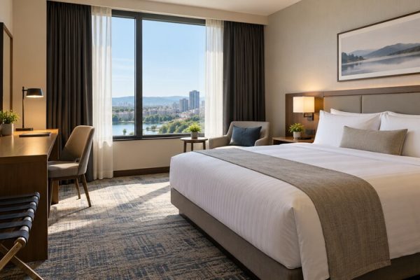 Yatak, çalışma masası ve pencereye sahip modern otel odası