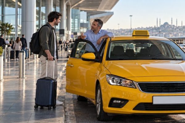 Terminal önünde valizli yolcu ile taksi sürücüsünün görüşmesi