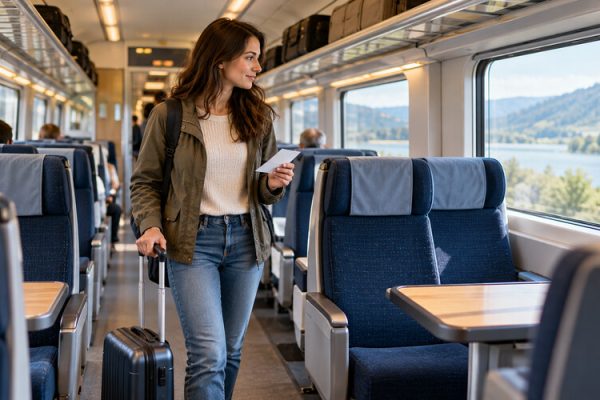 Tren vagonunda koltuk seçen valizli yolcu
