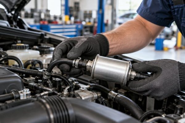 Motor bölümünde yakıt filtresini kontrol eden teknisyen
