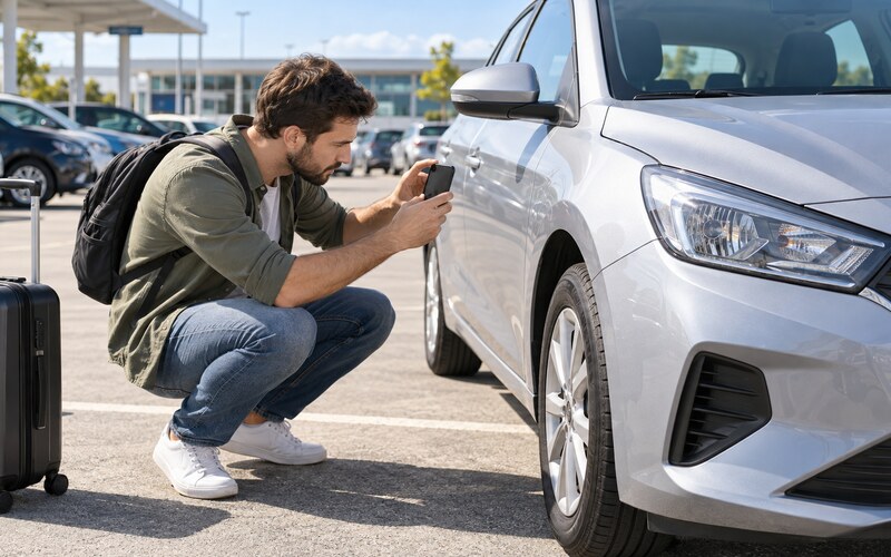 Kiralık aracı teslim alırken kontrol eden sürücü