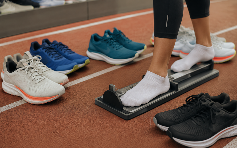 Atletizm pistinde farklı koşu ayakkabıları ve ayak ölçüm aparatı