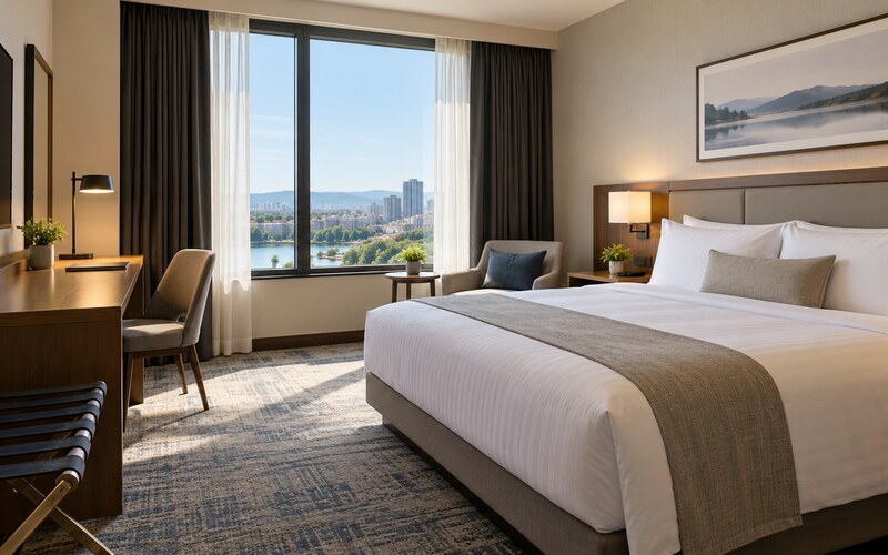 Yatak, çalışma masası ve pencereye sahip modern otel odası