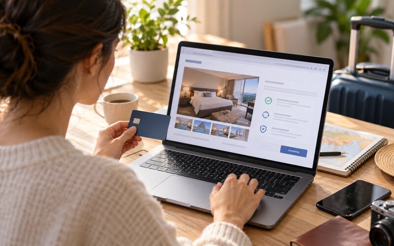 Otel rezervasyon koşullarını inceleyen gezgin