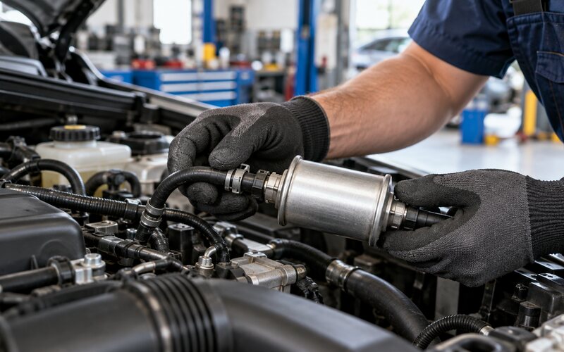 Motor bölümünde yakıt filtresini kontrol eden teknisyen
